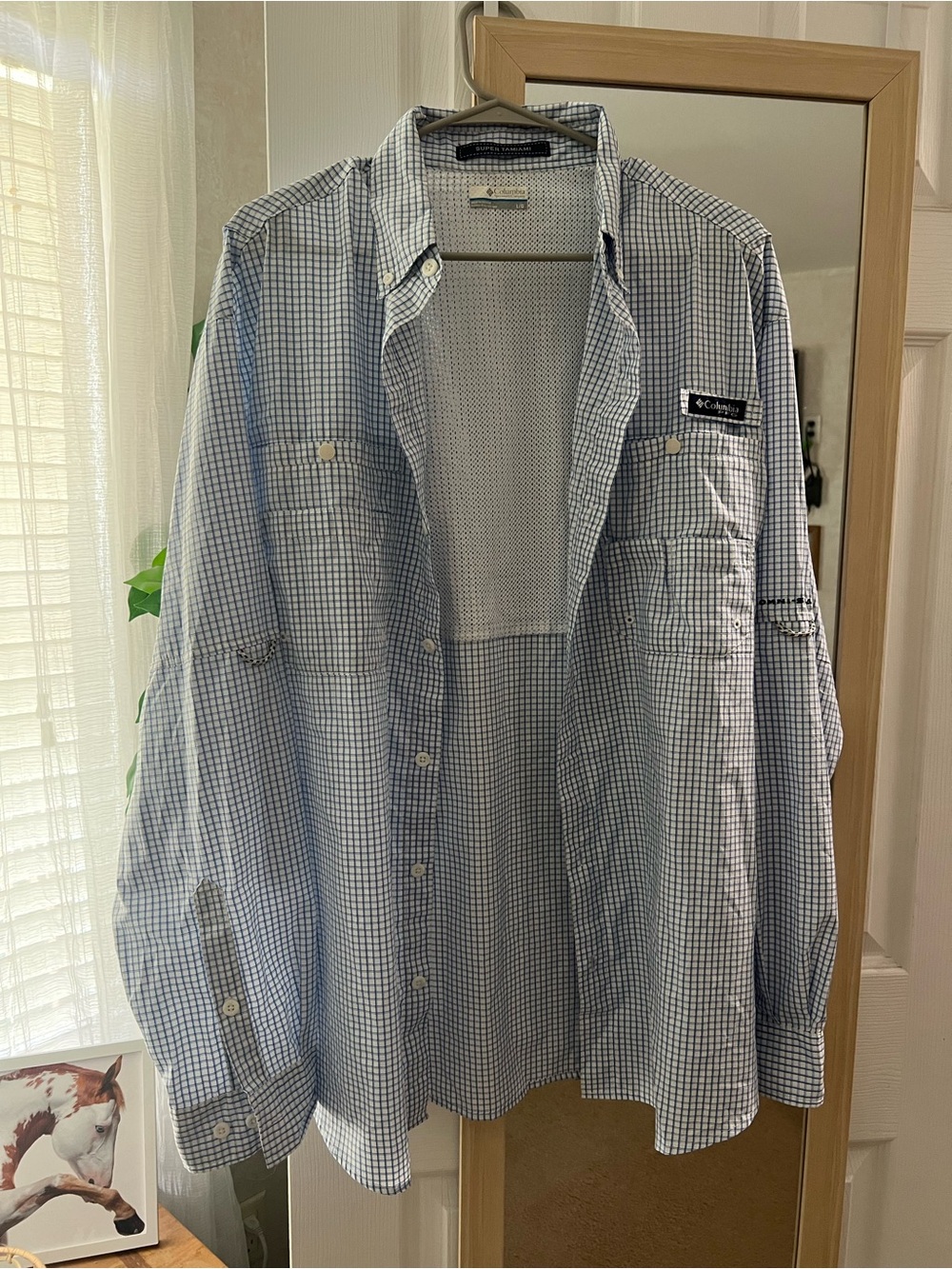 Columbia Men's Blue and White Checked Long-Sleeve Button-Down Shirt